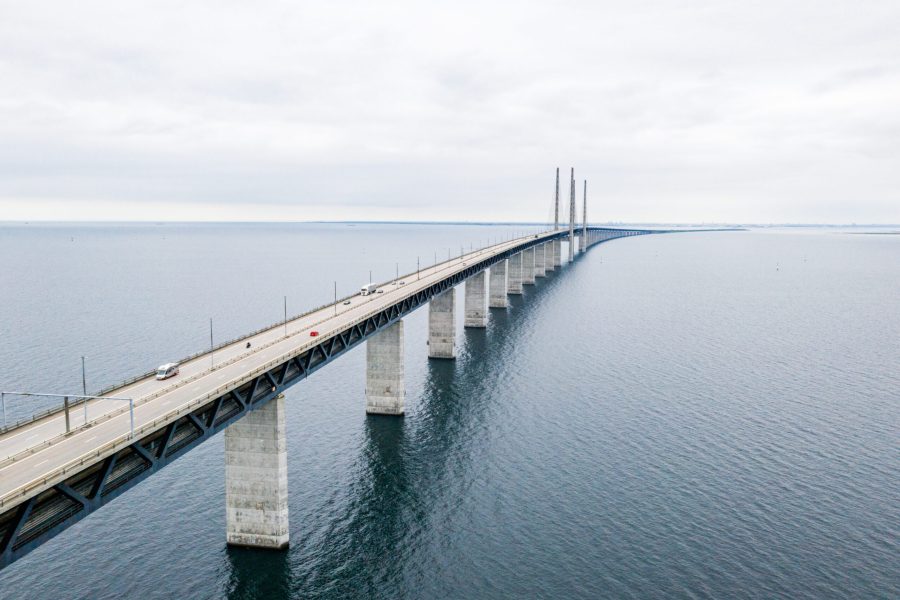 An aerial shot of the bridge between Denmark and Sweden in Oresundsbron